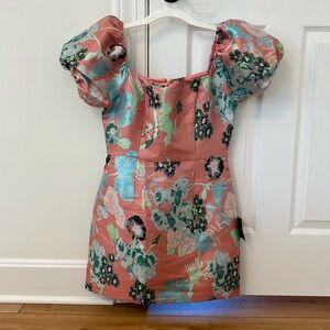 NWT Lulus So Stunning Coral Pink Floral Jacquard Puff Sleeve Mini Dress